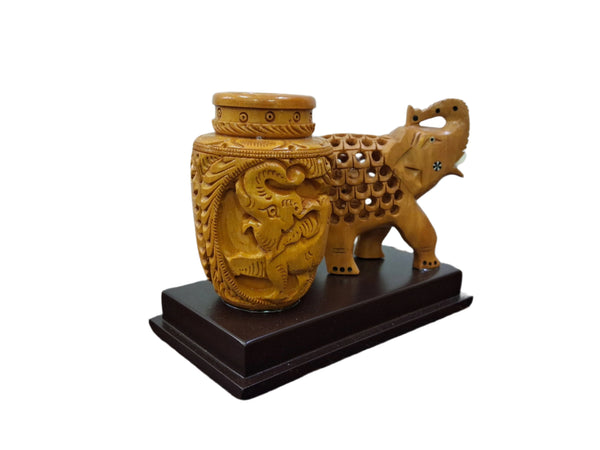 Handmade Wooden Jali Work Elephant with Pen Stand/Holder