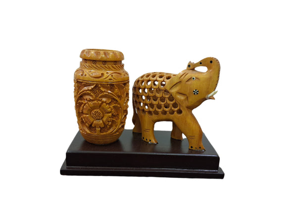 Handmade Wooden Jali Work Elephant with Pen Stand/Holder