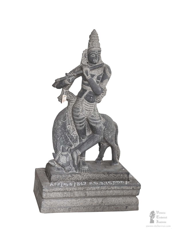 5 Ft  Handmade Granite Stone Cow with Krishna Statue