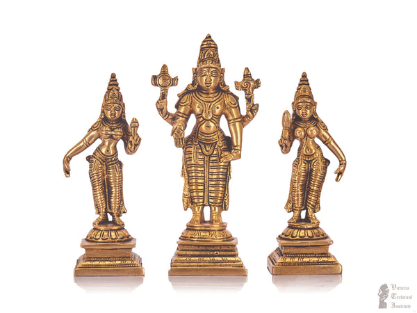 Brass Lord Vishnu Sridevi and Bhoodevi Statue