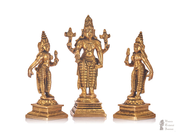 Brass Lord Vishnu Sridevi and Bhoodevi Statue