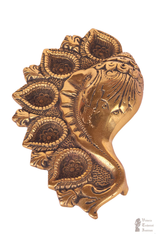 Ethnic Shankh Design 5 Oil Wick Brass Diya