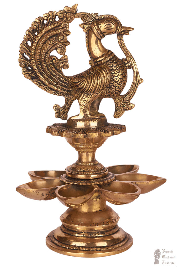 Brass Annam Bird Design Oil Lamp/Diya With Seven Face Lamping