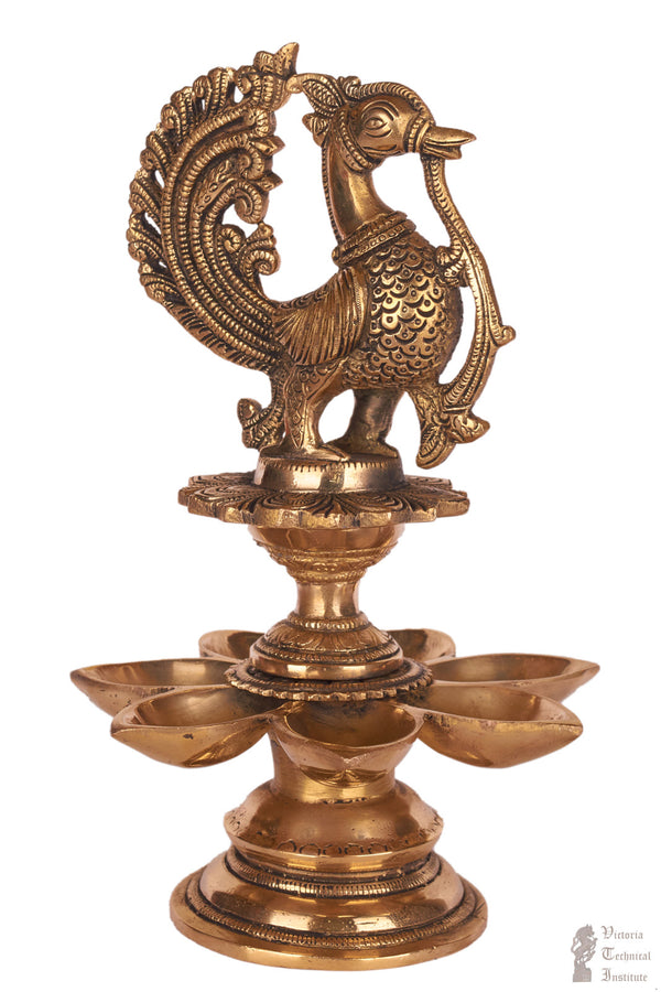 Brass Annam Bird Design Oil Lamp/Diya With Seven Face Lamping