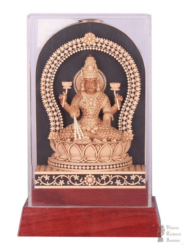 Handmade Sandal Wood Miniature Goddess Lakshmi Statue with Acrylic Doom