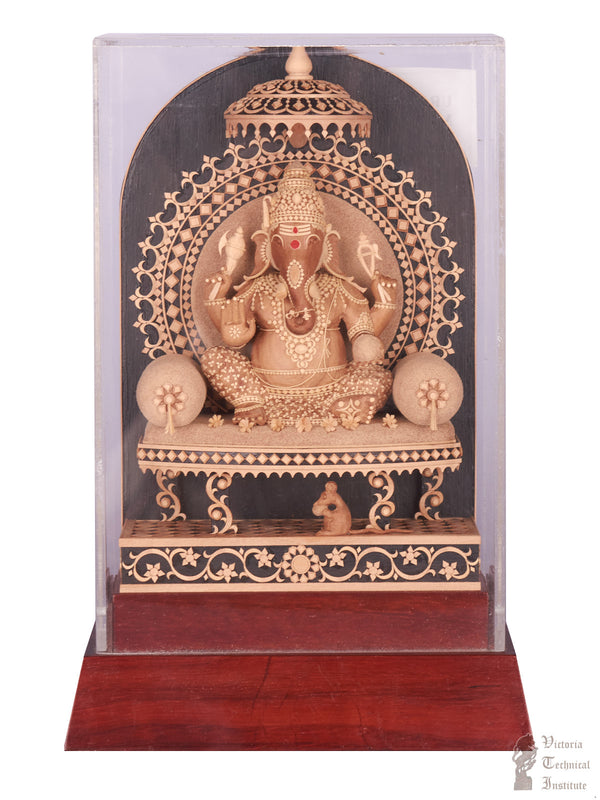 Handmade Sandal Wood Miniature Lord Ganesh Statue with Acrylic Doom