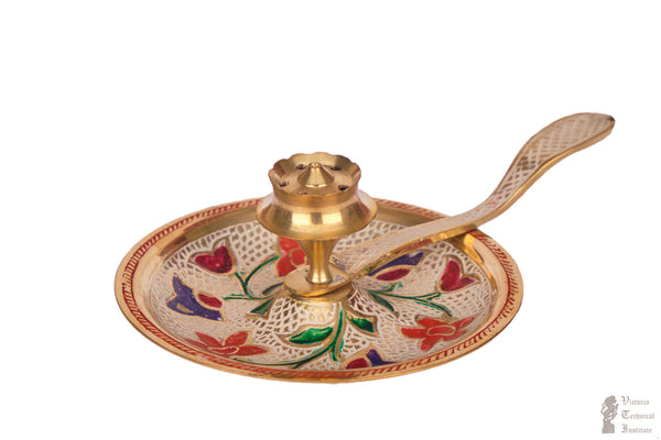 Brass Enamel Design Incense Holder with Handle(Assorted Designs & Colours)