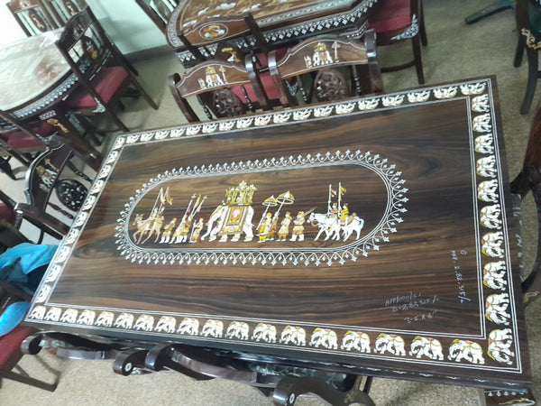 Handmade Wooden Inlaid 6 Seater Dining Table Set