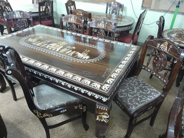 Handmade Wooden Inlaid 6 Seater Dining Table Set