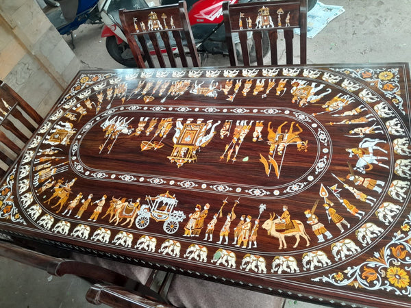 Handmade Wooden Inlaid 6 Seater Dining Table Set