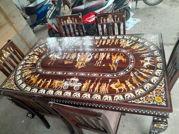 Handmade Wooden Inlaid 6 Seater Dining Table Set