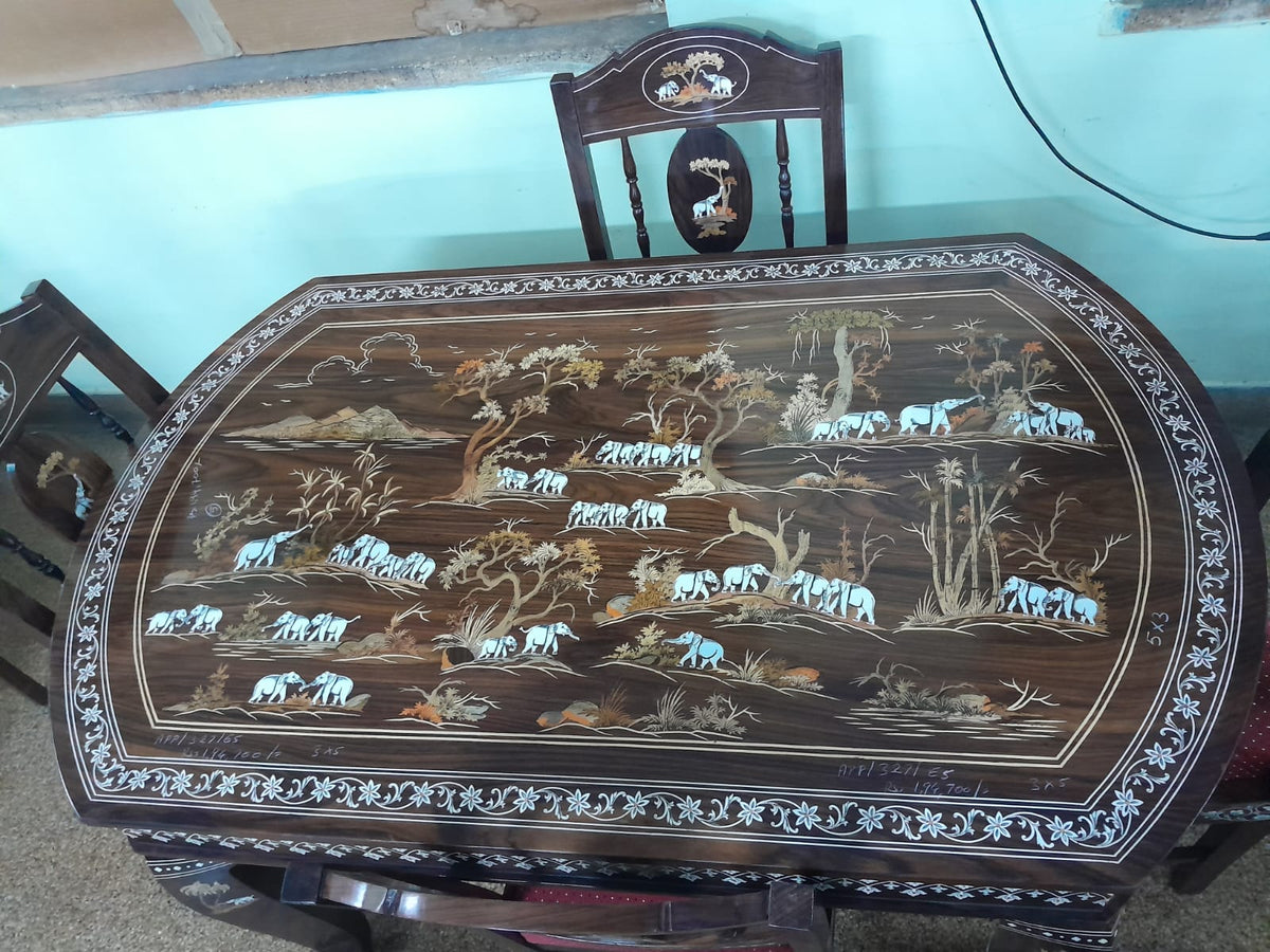 Handmade Wooden Elephant Design Inlaid 4 Seater Dining Table Set – VTI ...