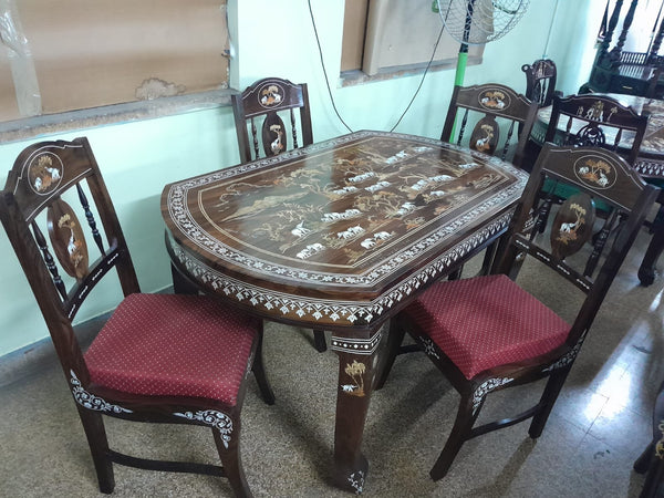 Handmade Wooden Elephant Design Inlaid 4 Seater Dining Table Set