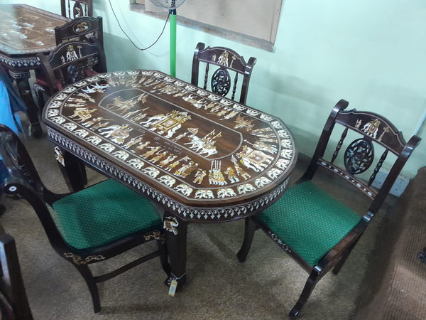 Handmade Wooden Inlaid 4 Seater Dining Table Set