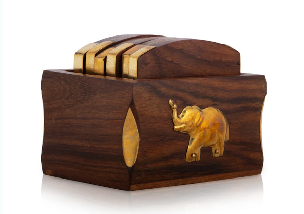 Handmade Wooden Brass Elephant Inlaid Coasters Set