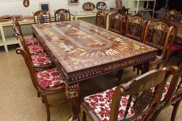 Handmade Wooden Inlaid 10 Seater Dining Table Set