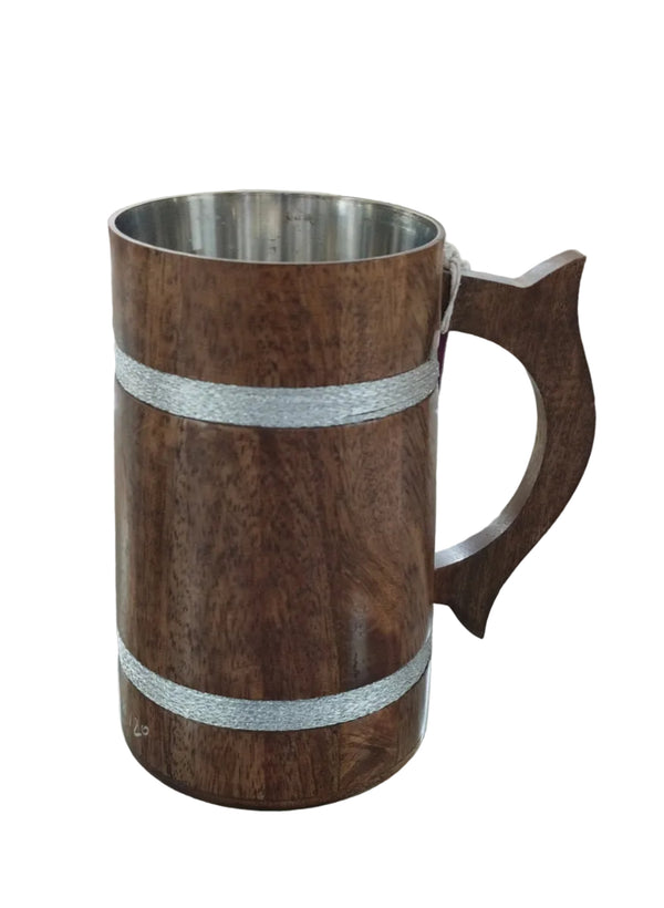 Handmade Mango Wood Multipurpose Mug with handle & Steel Insi De