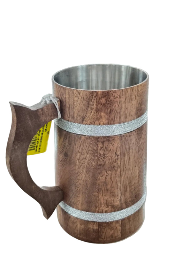 Handmade Mango Wood Multipurpose Mug with handle & Steel Insi De