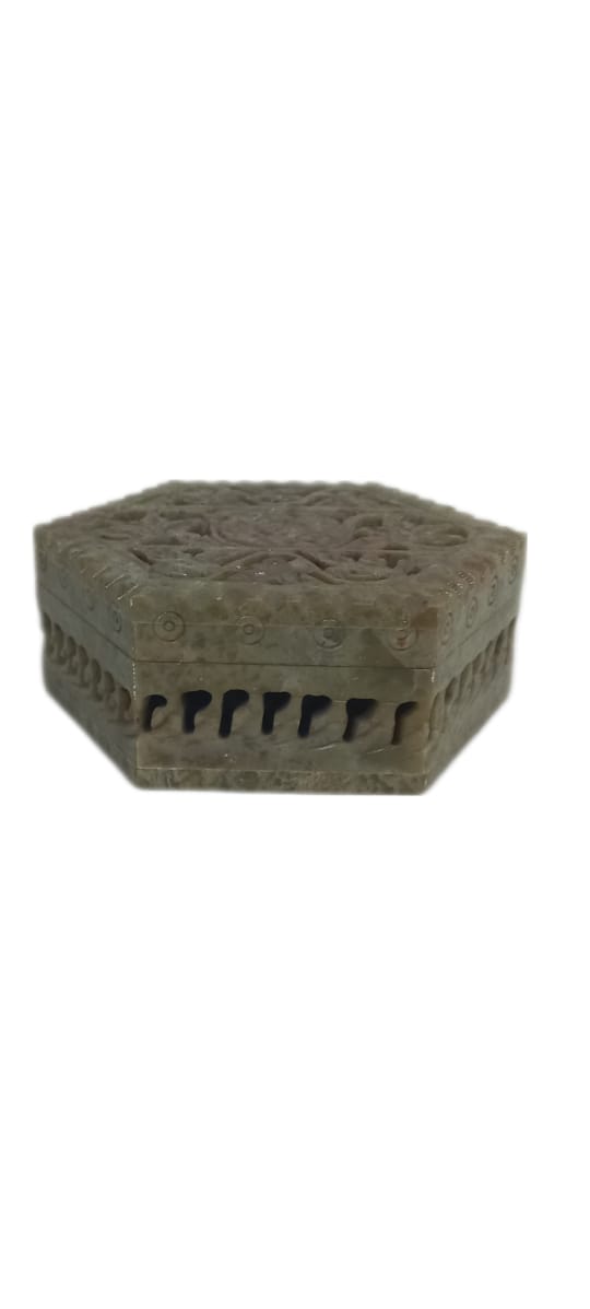 Soap Stone Carved  Box  Hexagon Shape 4.5