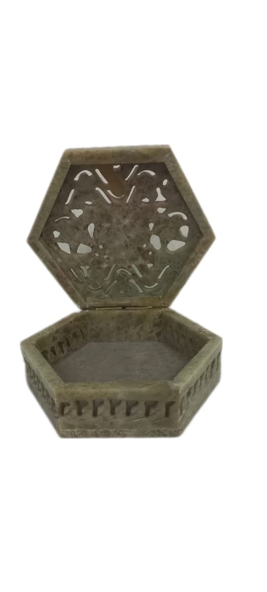 Soap Stone Carved  Box  Hexagon Shape 4.5