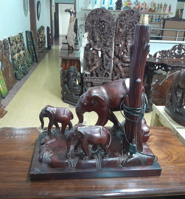 Handmade Wooden Elephant Family with Lamp Shade Stand