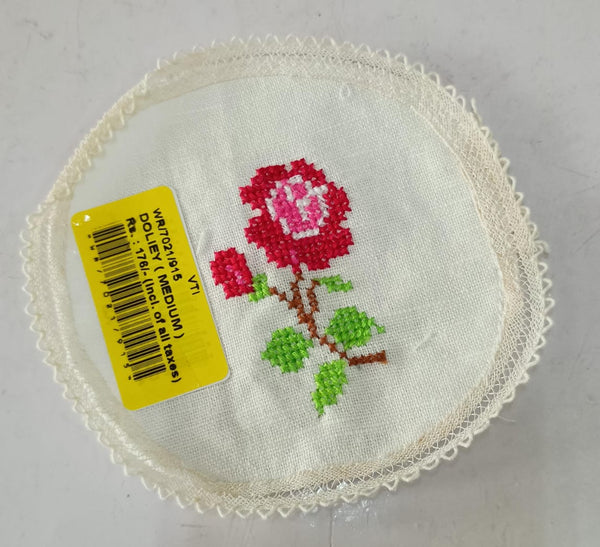 Hand Embroidered Floral Doily – Rose Flower Design with Lace Border