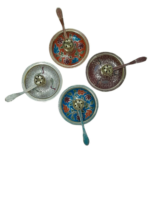 Brass Enamel Design Incense Holder with Handle(Assorted Designs & Colours)