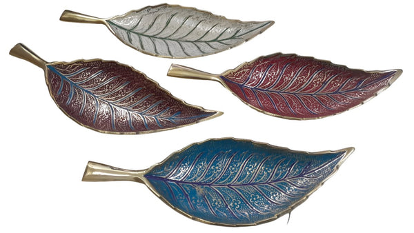 Brass Enamel Work Leaf Tray - Assorted Colours