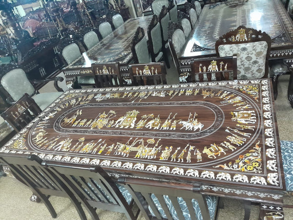 Handmade Wooden Inlaid 8 Seater Dining Table Set