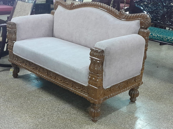 Handmade Wooden Carved 2 Seater Sofa/Diwan with Attached Cushion