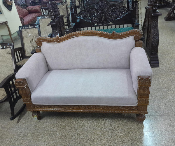 Handmade Wooden Carved 2 Seater Sofa/Diwan with Attached Cushion