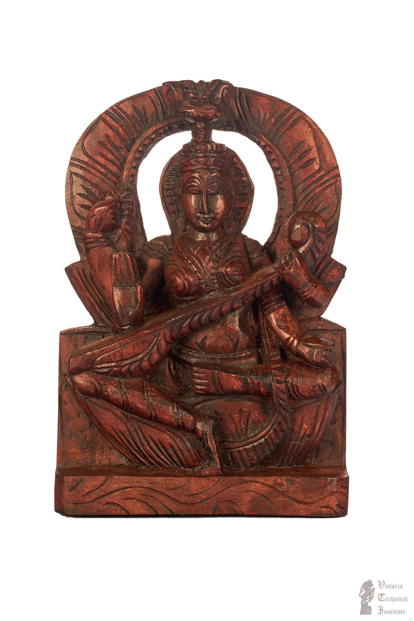 Handmade Wooden Goddess Saraswathi Statue