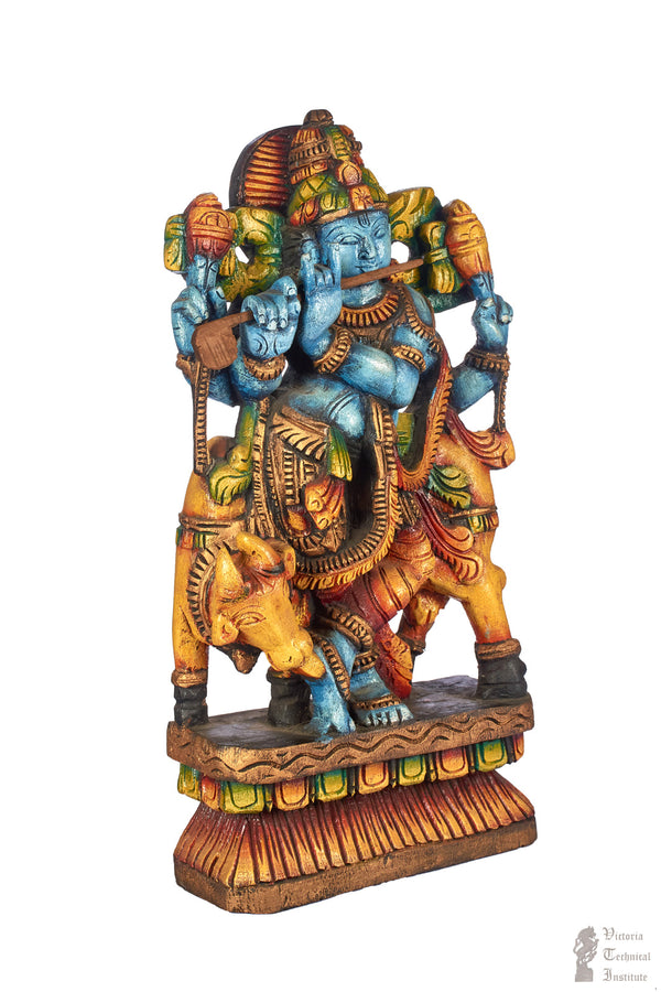 Handmade Wooden Painted Cow Krishna Statue