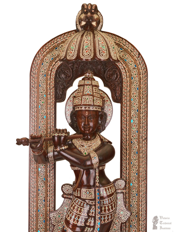 Handmade Wooden Inlaid Lord Krishna Statue