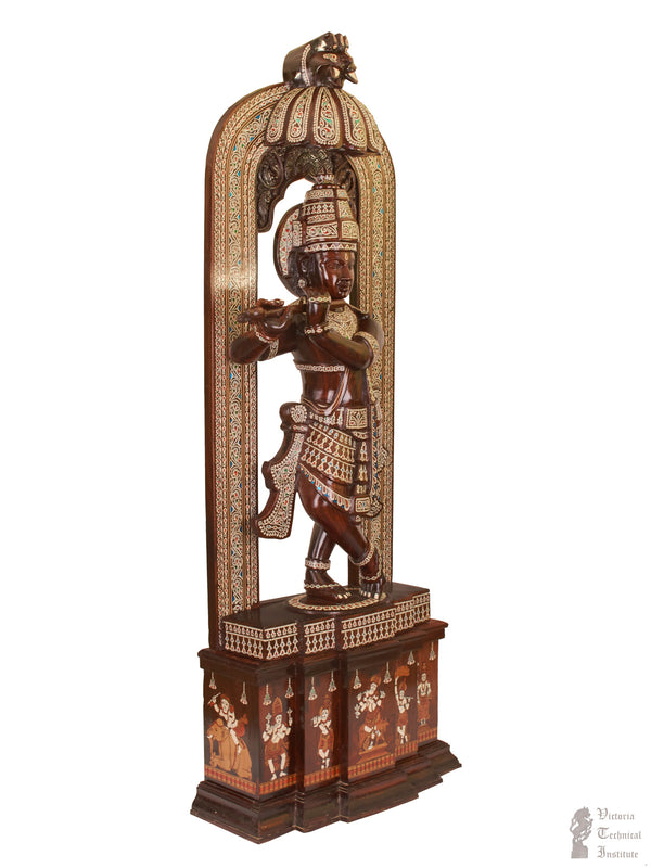 Handmade Wooden Inlaid Lord Krishna Statue