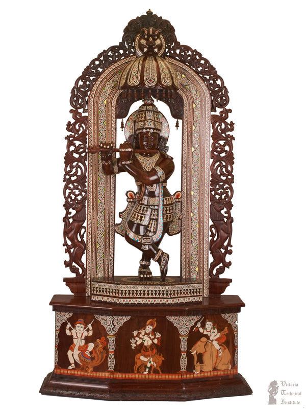 Handmade Wooden Inlaid Lord Krishna Statue