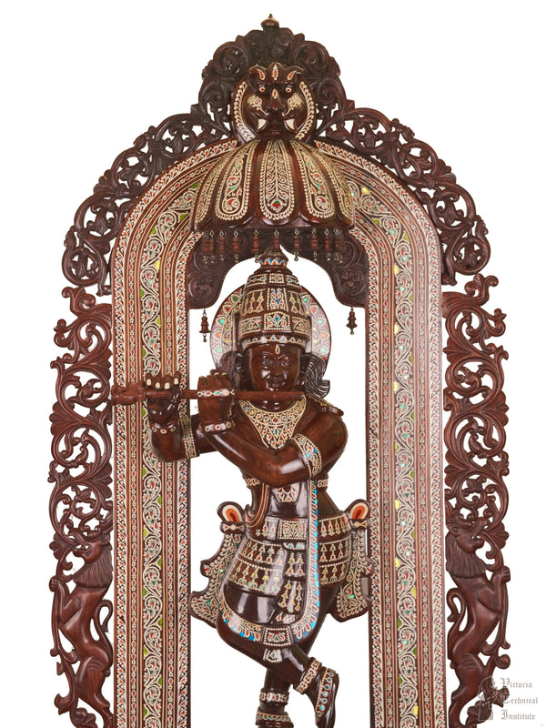 Handmade Wooden Inlaid Lord Krishna Statue