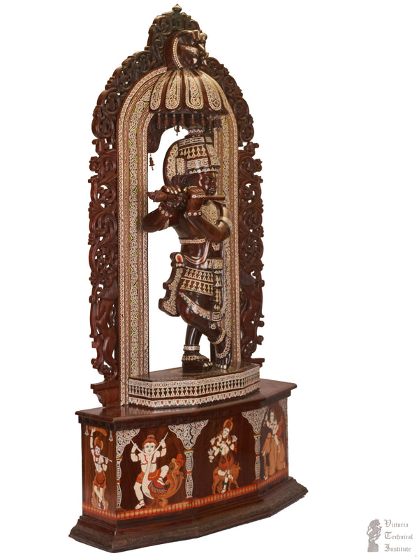 Handmade Wooden Inlaid Lord Krishna Statue