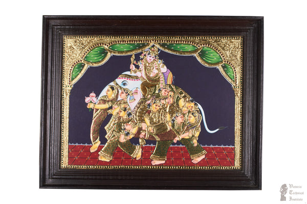 Handmade Lord Krishnna With Gopis And Elephants Tanjore Painting