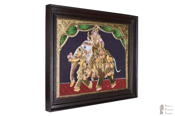 Handmade Lord Krishnna With Gopis And Elephants Tanjore Painting
