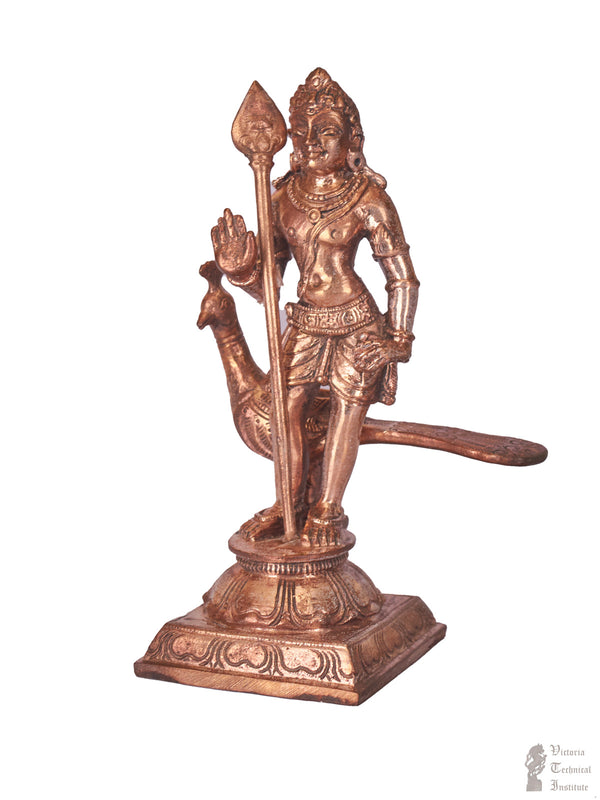 Bronze Lord Muruga Standing With Peacock Statue