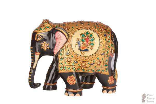 Hand Painted White Wood Trunk Down Elephant