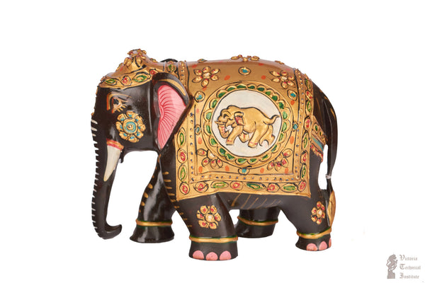 Hand Painted White Wood Trunk Down Elephant