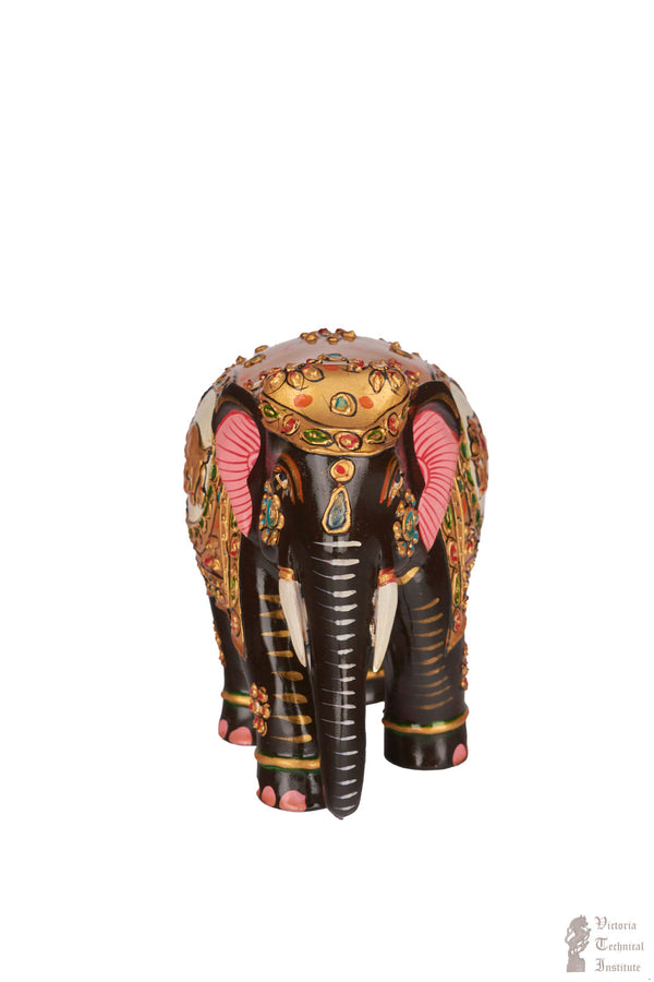 Hand Painted White Wood Trunk Down Elephant