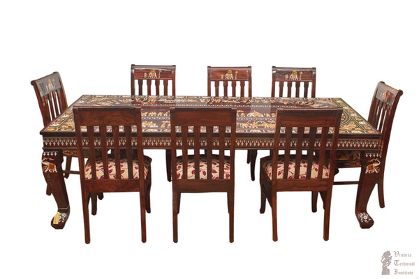 Handmade Rose Wood Inlay Work 8 Seater Dining Table Set
