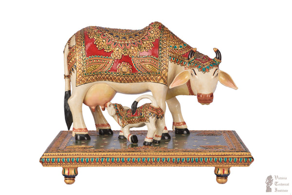 Handmade Wooden Painted Cow and Calf