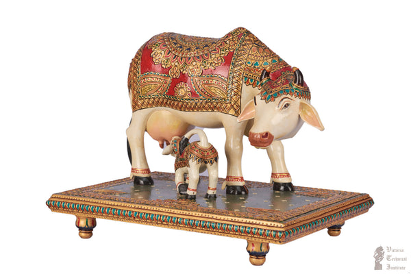 Handmade Wooden Painted Cow and Calf