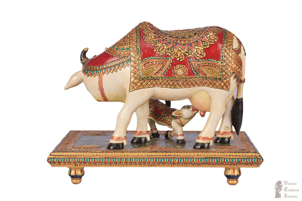 Handmade Wooden Painted Cow and Calf