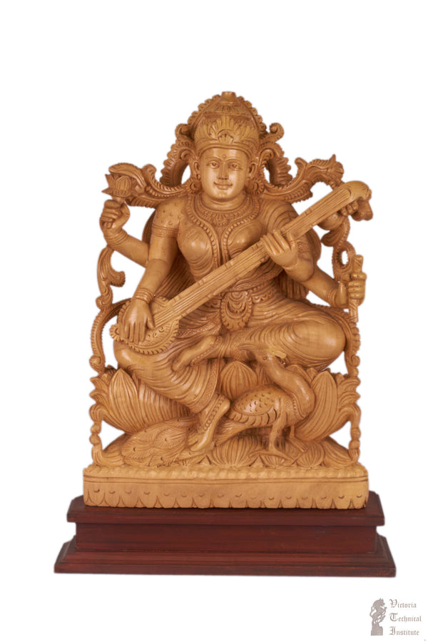 Handmade Wooden Goddess Sitting Saraswathi Statue