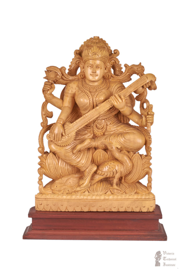 Handmade Wooden Goddess Sitting Saraswathi Statue